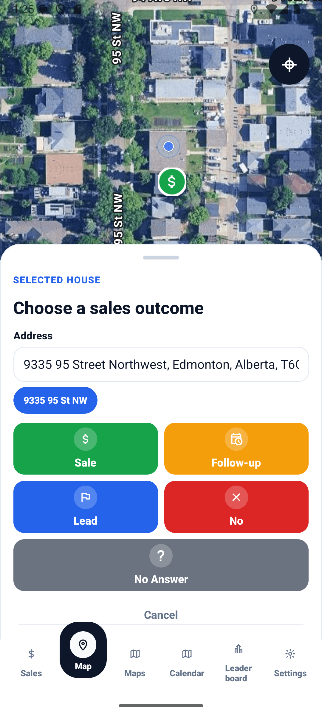 SalesChamp live map with house polygons and saved outcomes